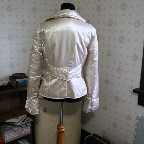 BEBE Satin Down Jacket with Removable Rabbit Fur Collar, Small - Picture 4 of 15